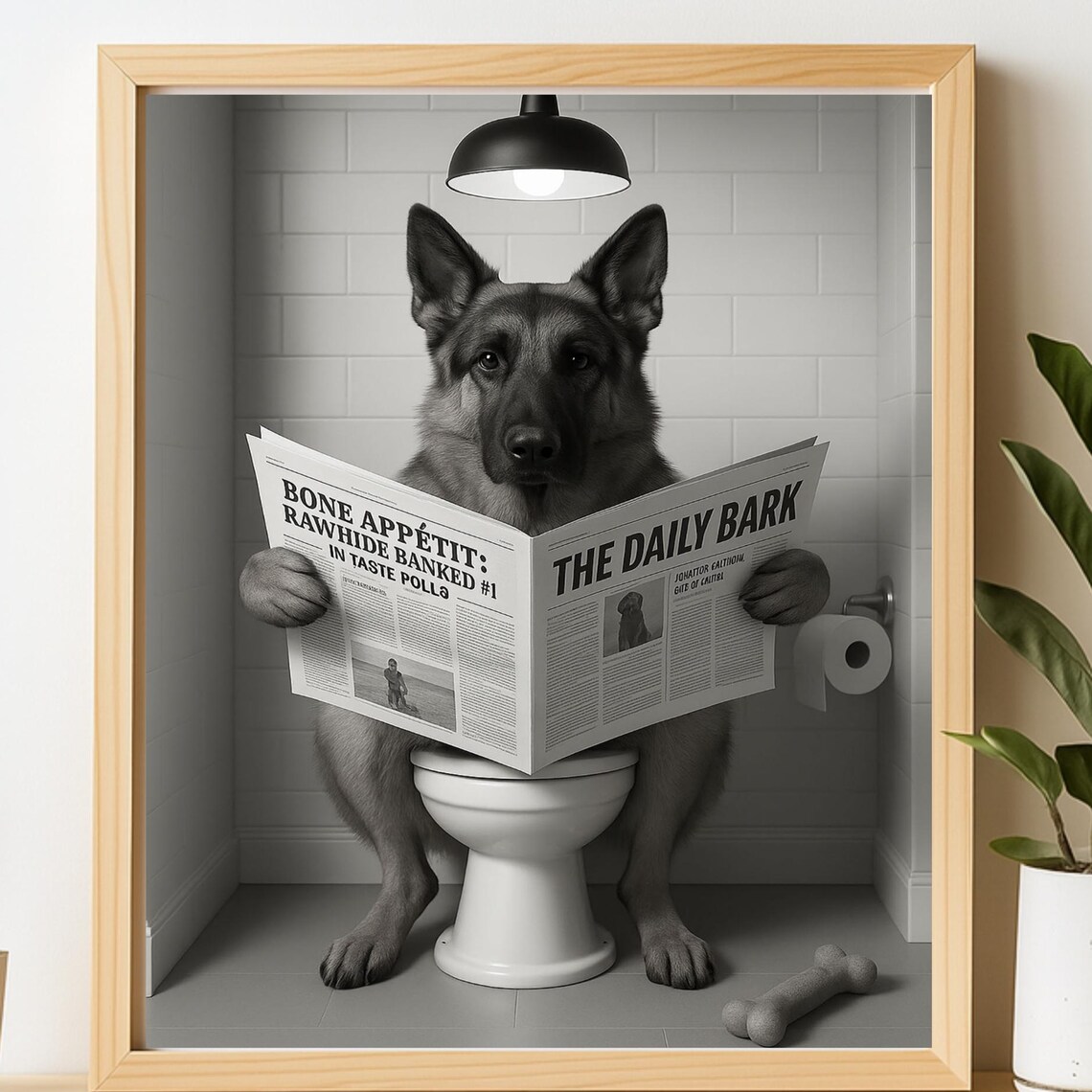 German Shepherd On Toilet Reading Newspaper Funny Dog Bathroom Humor Print