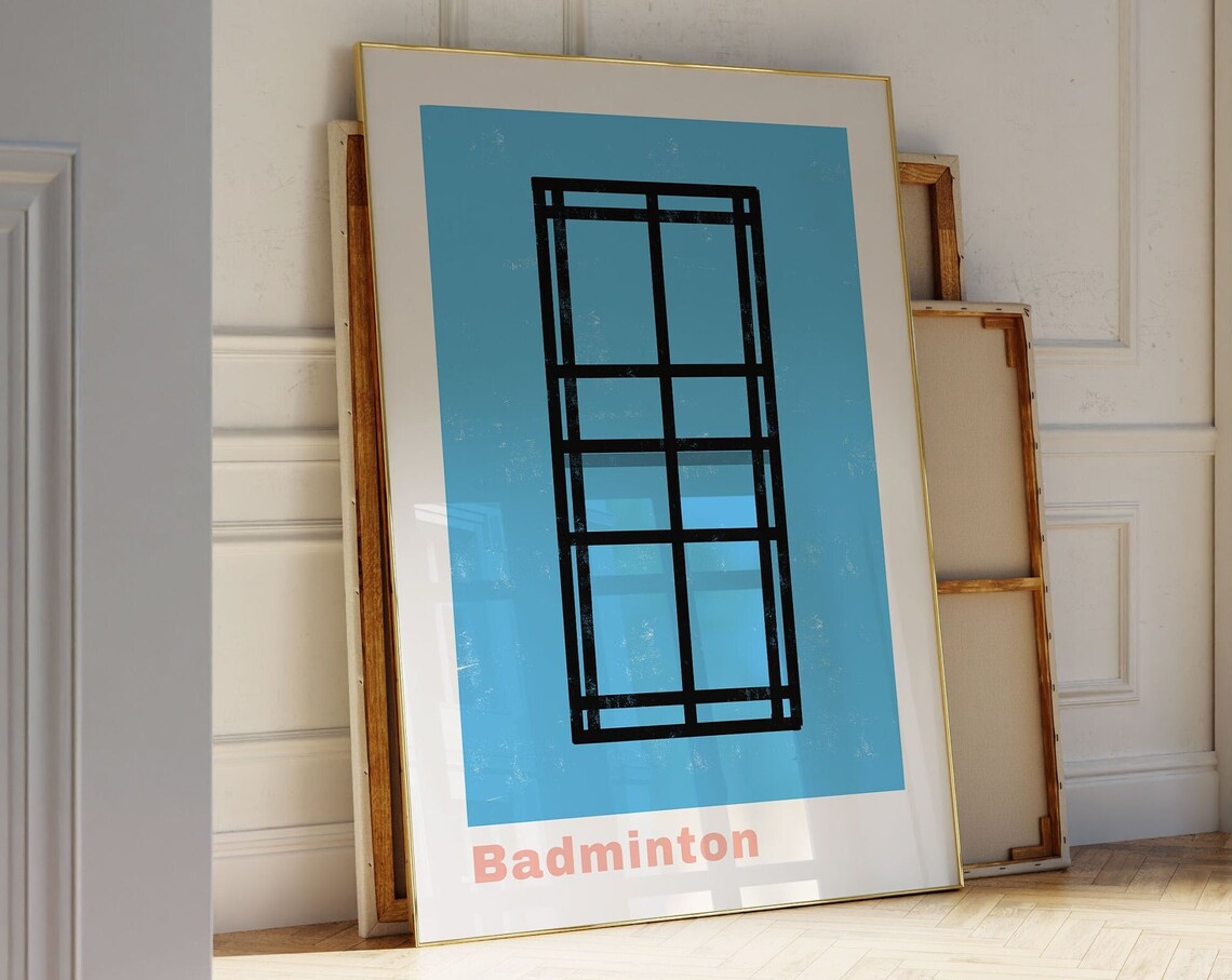 Badminton Court Lines Minimalist Blue Mid Century Modern Sports Poster