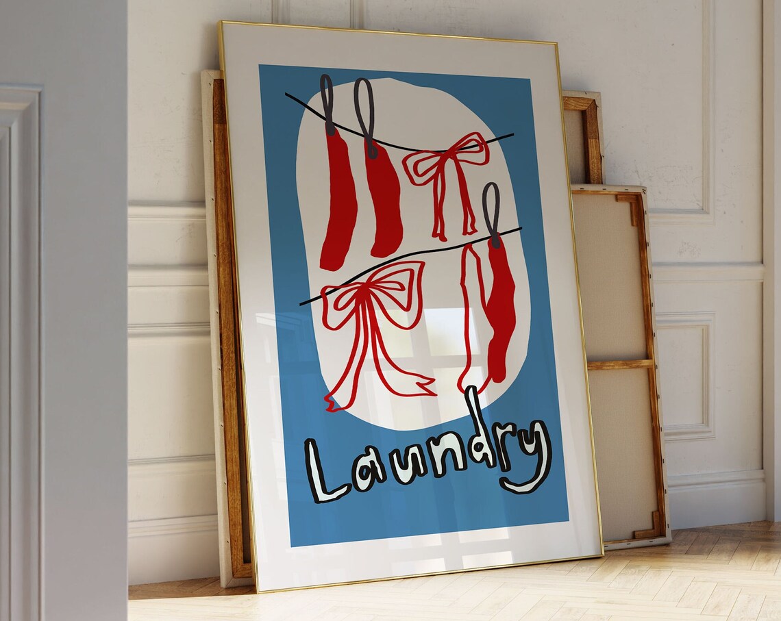 Laundry Room Wall Art Playful Blue And Red Bows Clothesline Retro Decor