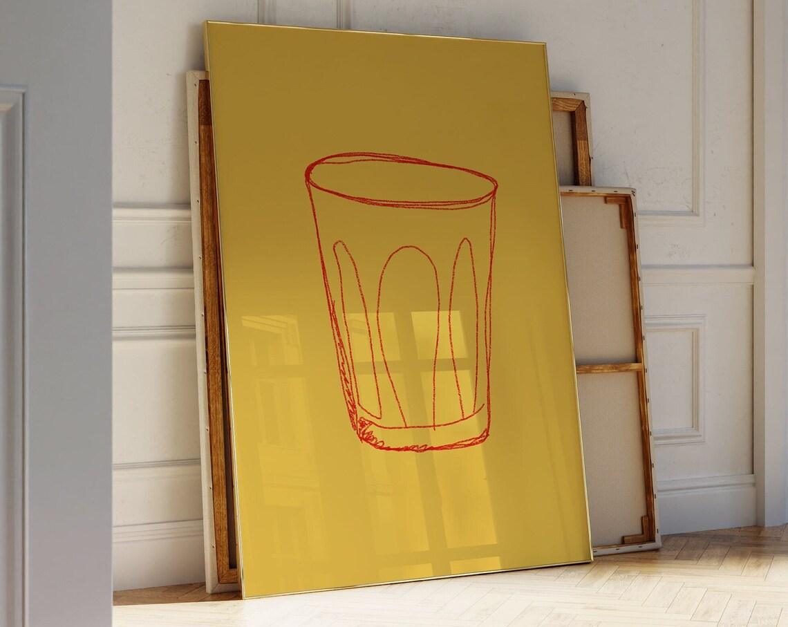 Minimalist Red Line Coffee Glass Mustard Yellow Kitchen Art Poster