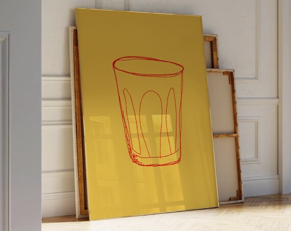 Minimalist Red Line Coffee Glass Mustard Yellow Kitchen Art Poster