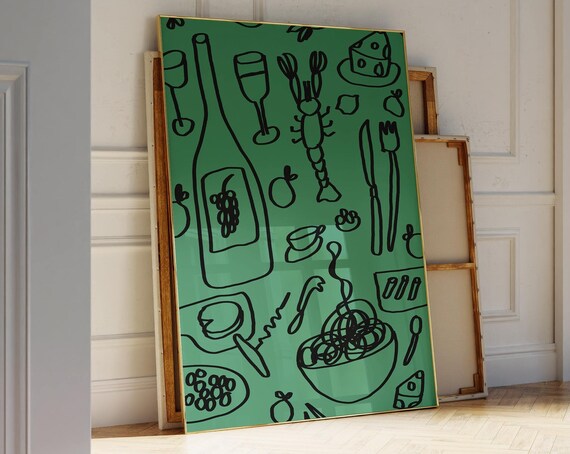 Wine Cheese And Lobster Poster Vintage Food Art Retro Mid Century Modern Print Kitchen Wall
