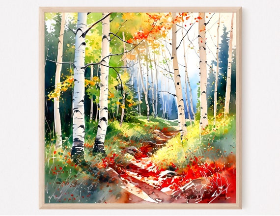 Birch Grove Watercolor Print Autumn Landscape Wall Art