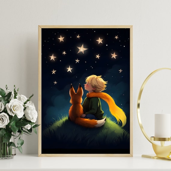 Boy and Fox Stargazing Whimsical Night Sky Nursery Art Poster