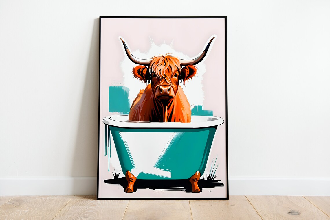 Highland Cow in Tub, Whimsical Bathroom Decor