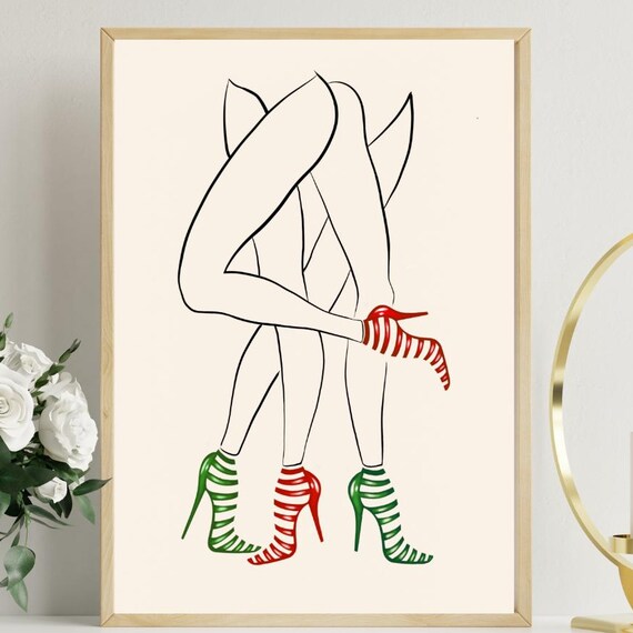 Festive Legs Red Green Striped High Heels Holiday Line Art Wall Poster