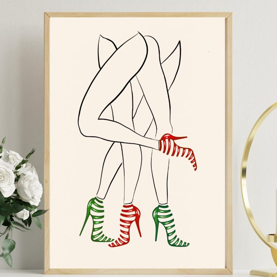 Festive Legs Red Green Striped High Heels Holiday Line Art Wall Poster