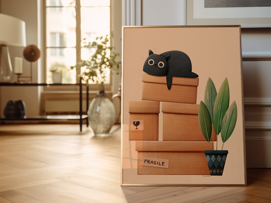 Cat Art Print, Kitten Illustration With Plant - Image 2