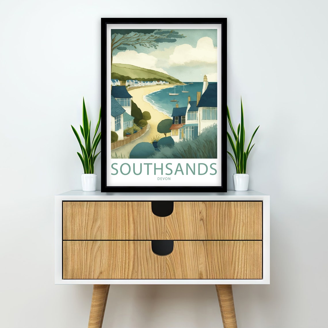 South Sands Devon Watercolor Seaside Village Sandy Beach Cove Poster - Image 2
