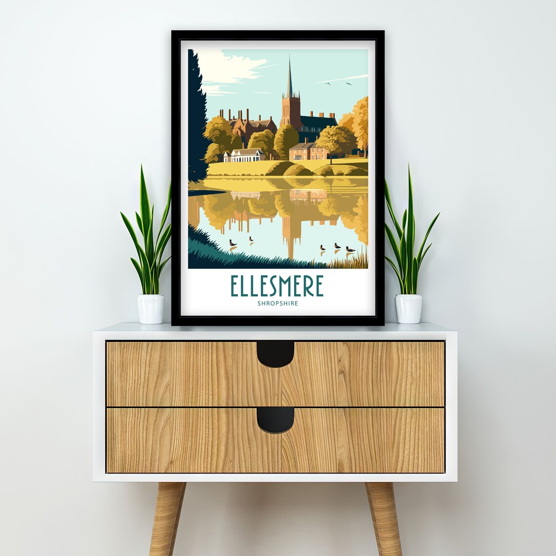 Ellesmere Shropshire Lakeside Church Spire And Ducks Golden Poster - Image 2
