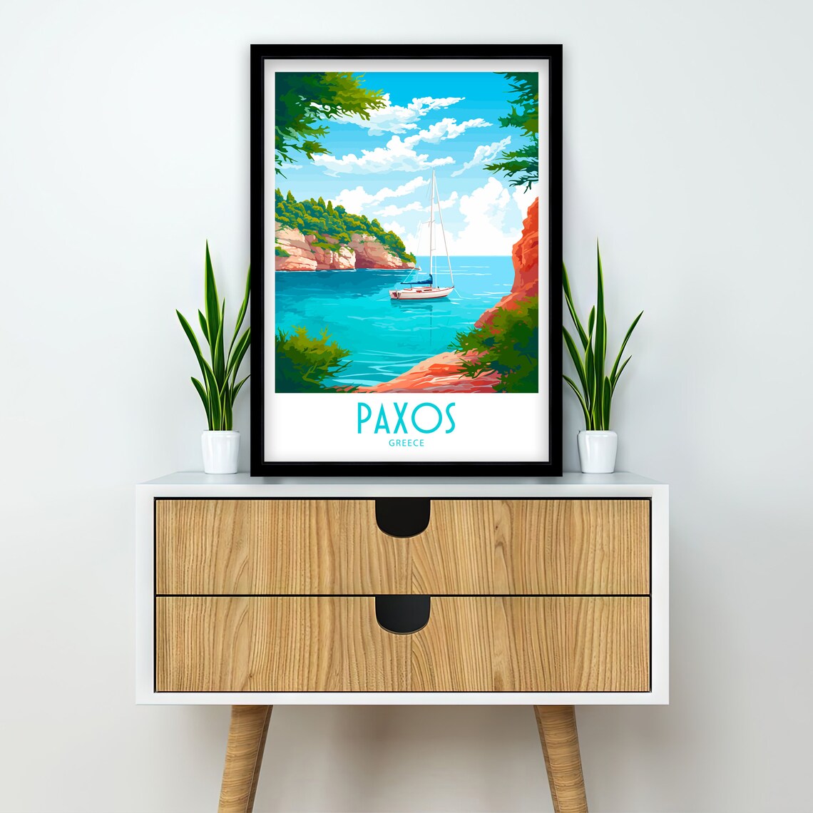 Paxos Greece Sailboat Cove Red Cliff Bay Turquoise Water View Poster - Image 2