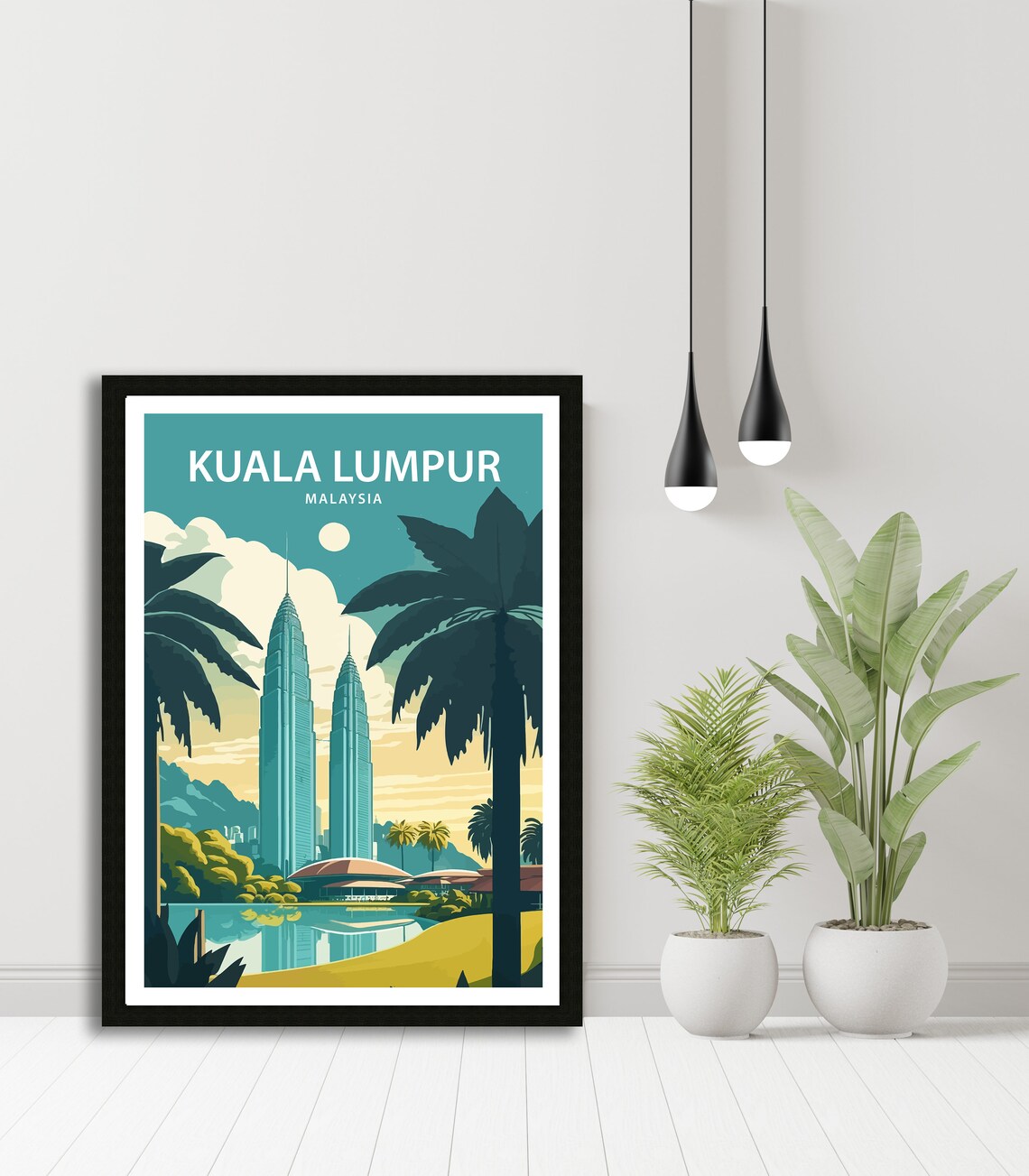 Kuala Lumpur Malaysia Twin Towers Palms And Moon Retro Travel Poster - Image 5