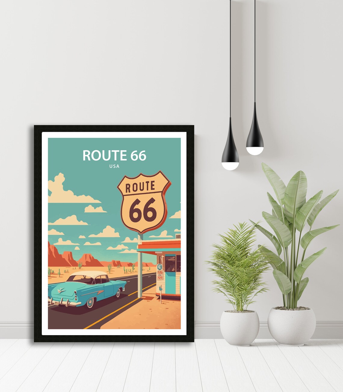 Route 66 USA Highway Shield Classic Car Desert Retro Travel Poster - Image 4