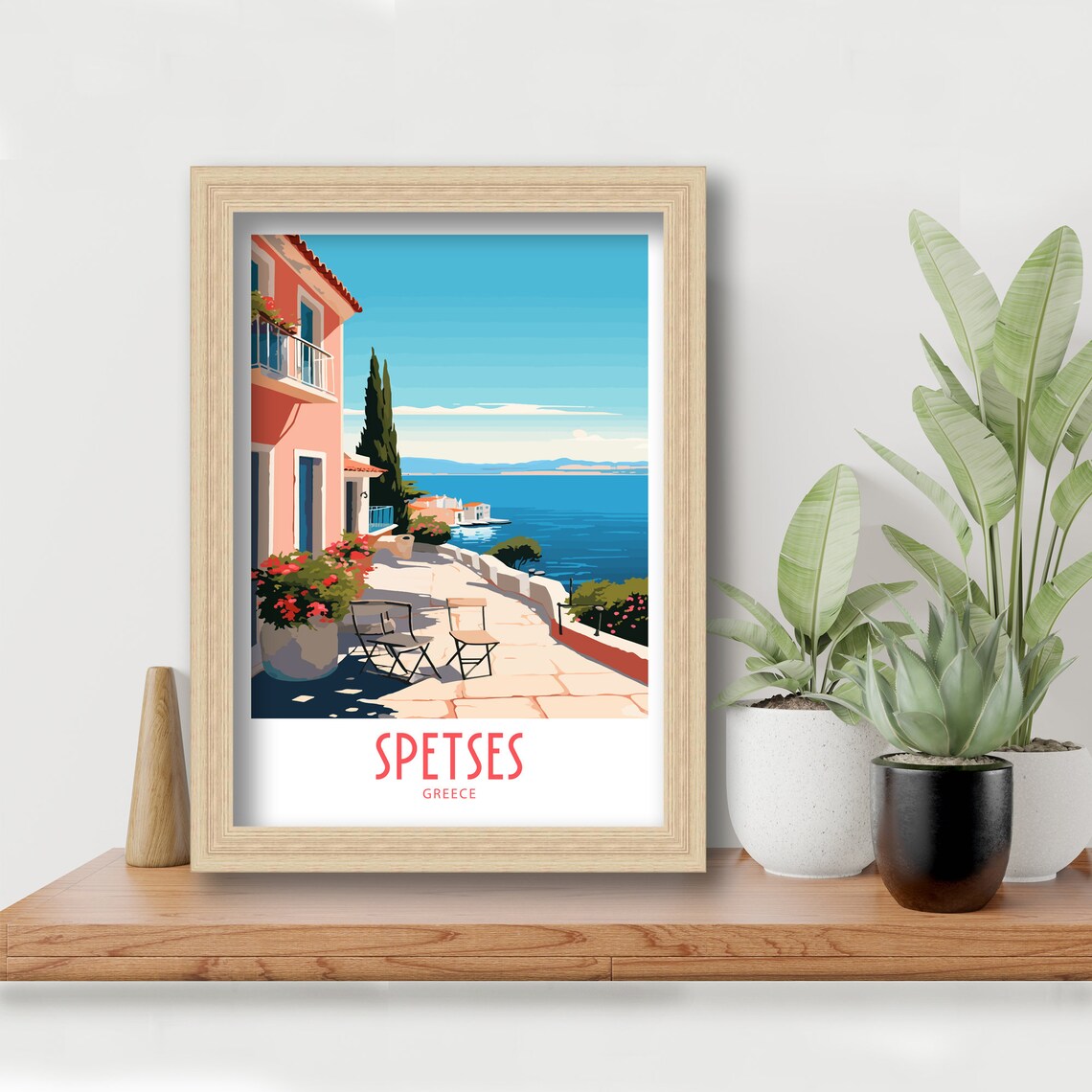 Spetses Greece Sunny Pink Terrace Sea View Retro Travel Poster - Image 6