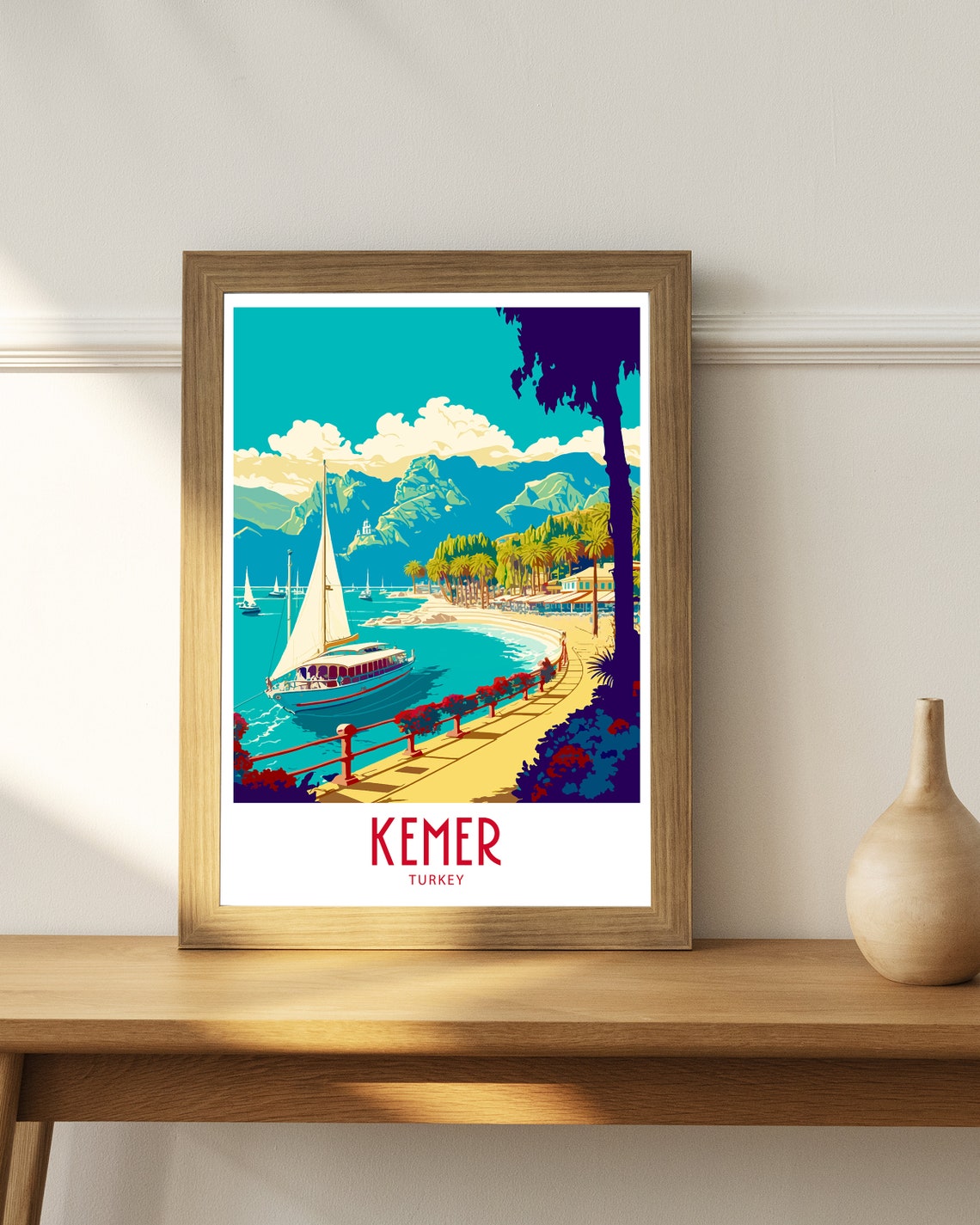 Kemer Turkey Sailing Boat Bay Blue Coast Vintage Travel Poster - Image 4
