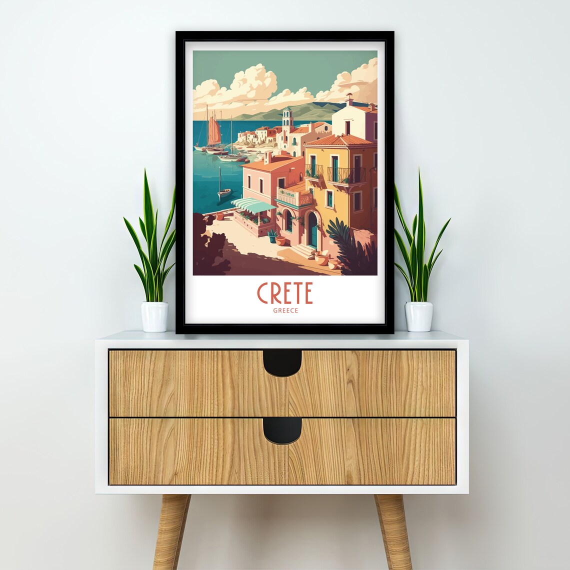 Crete Greece Retro Fishing Village Harbor Sailboats Travel Poster - Image 2