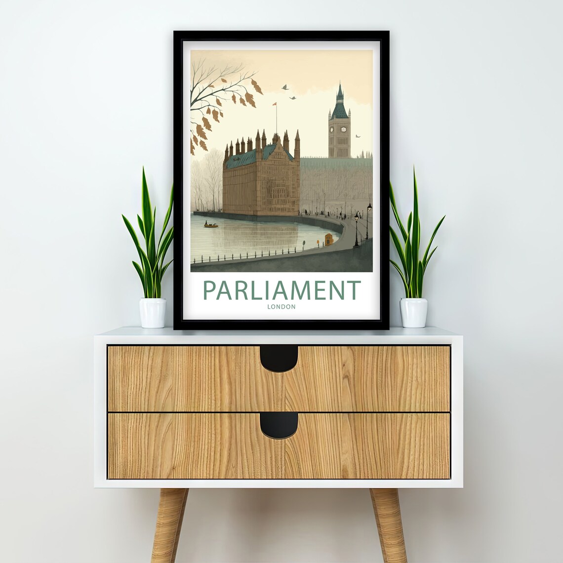 Houses of Parliament London Thames Autumn Big Ben Vintage Poster - Image 2