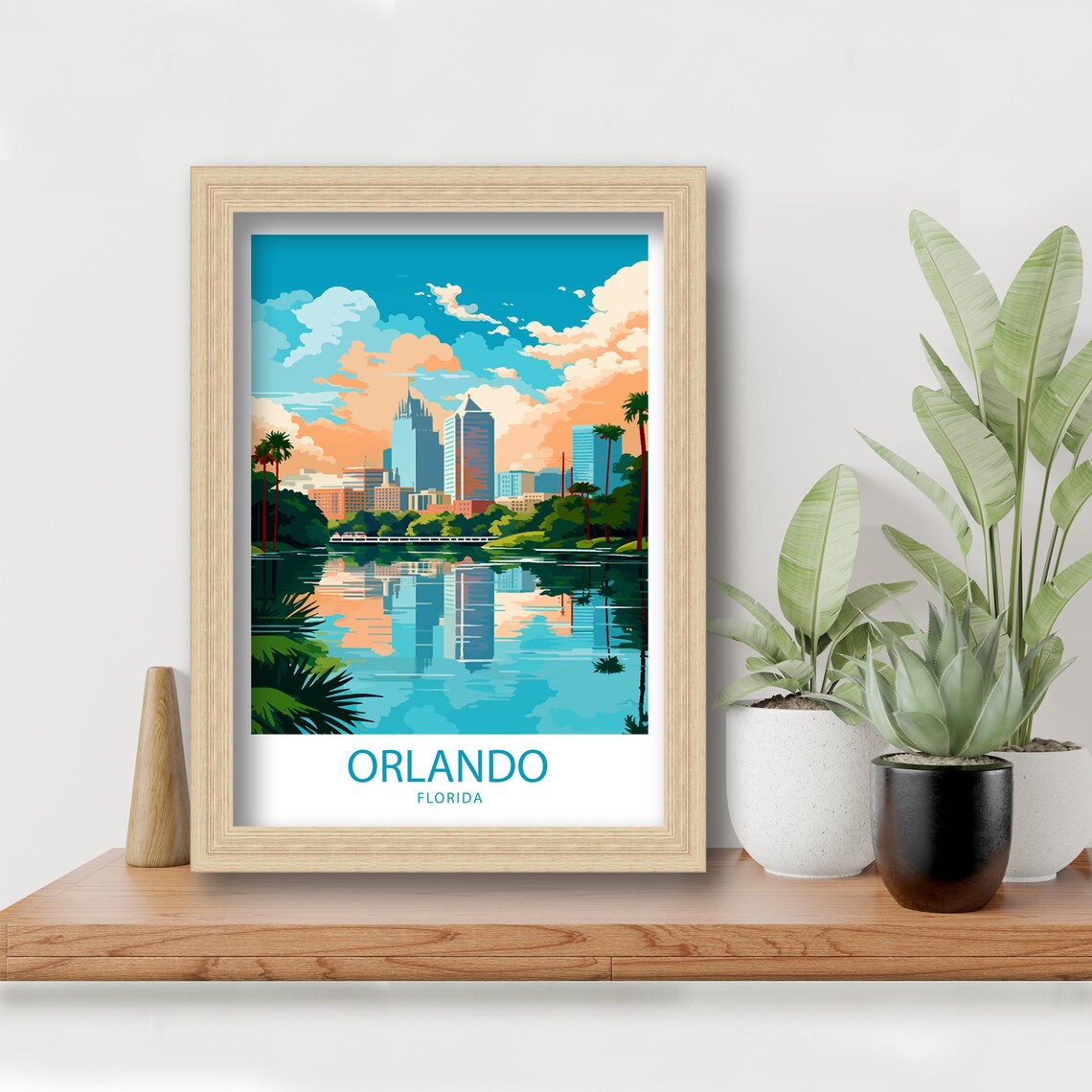 Orlando Florida Sunset Skyline Palm Lake Reflection Travel Poster - Image 5