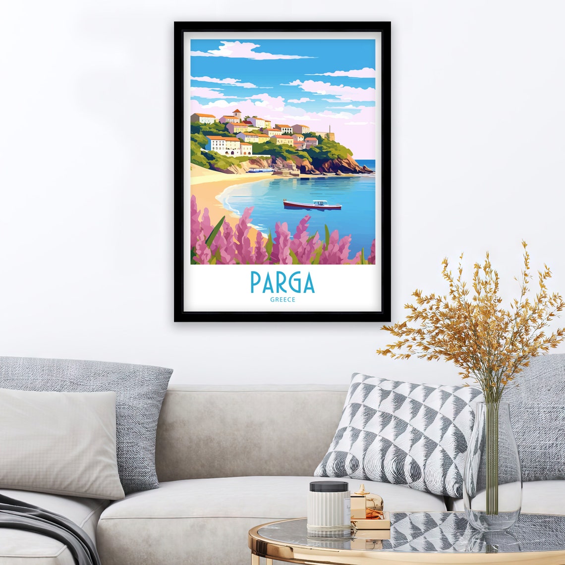 Parga Greece Sandy Beach Pink Flowers Hillside Town Travel Art Poster - Image 3