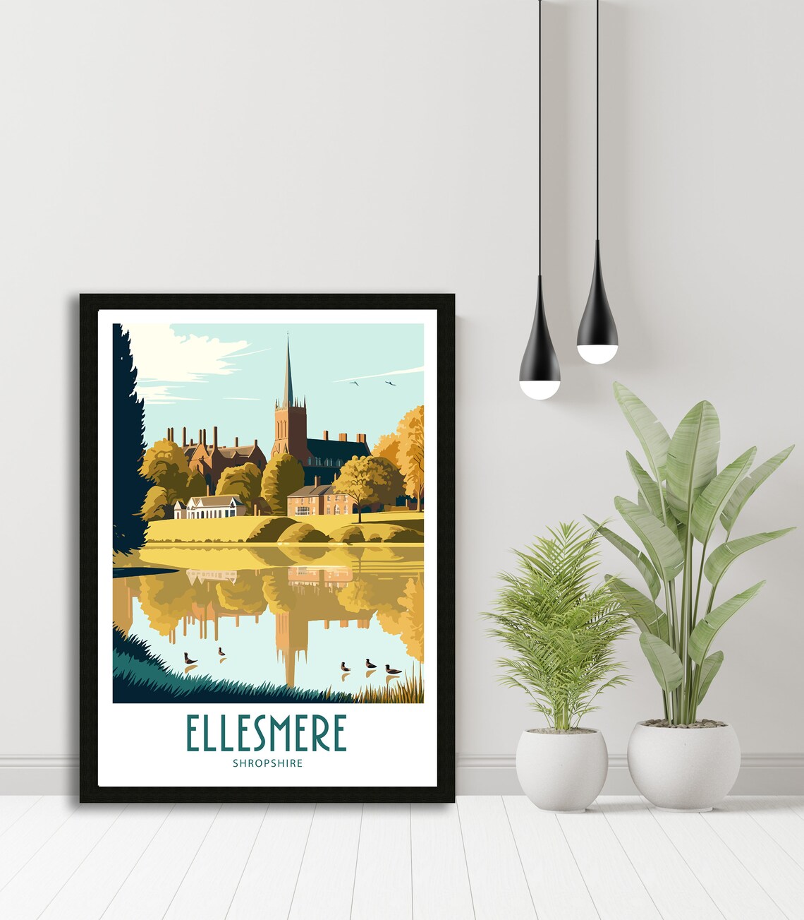 Ellesmere Shropshire Lakeside Church Spire And Ducks Golden Poster - Image 5