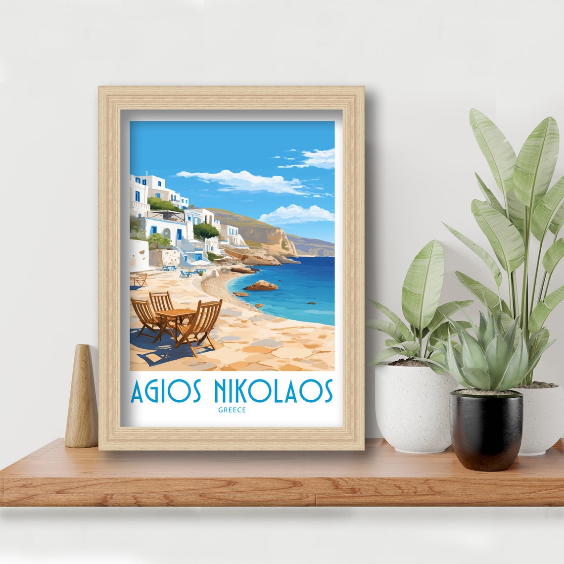 Agios Nikolaos Greece Sunny Beach Taverna Hillside Travel Poster - Image 6