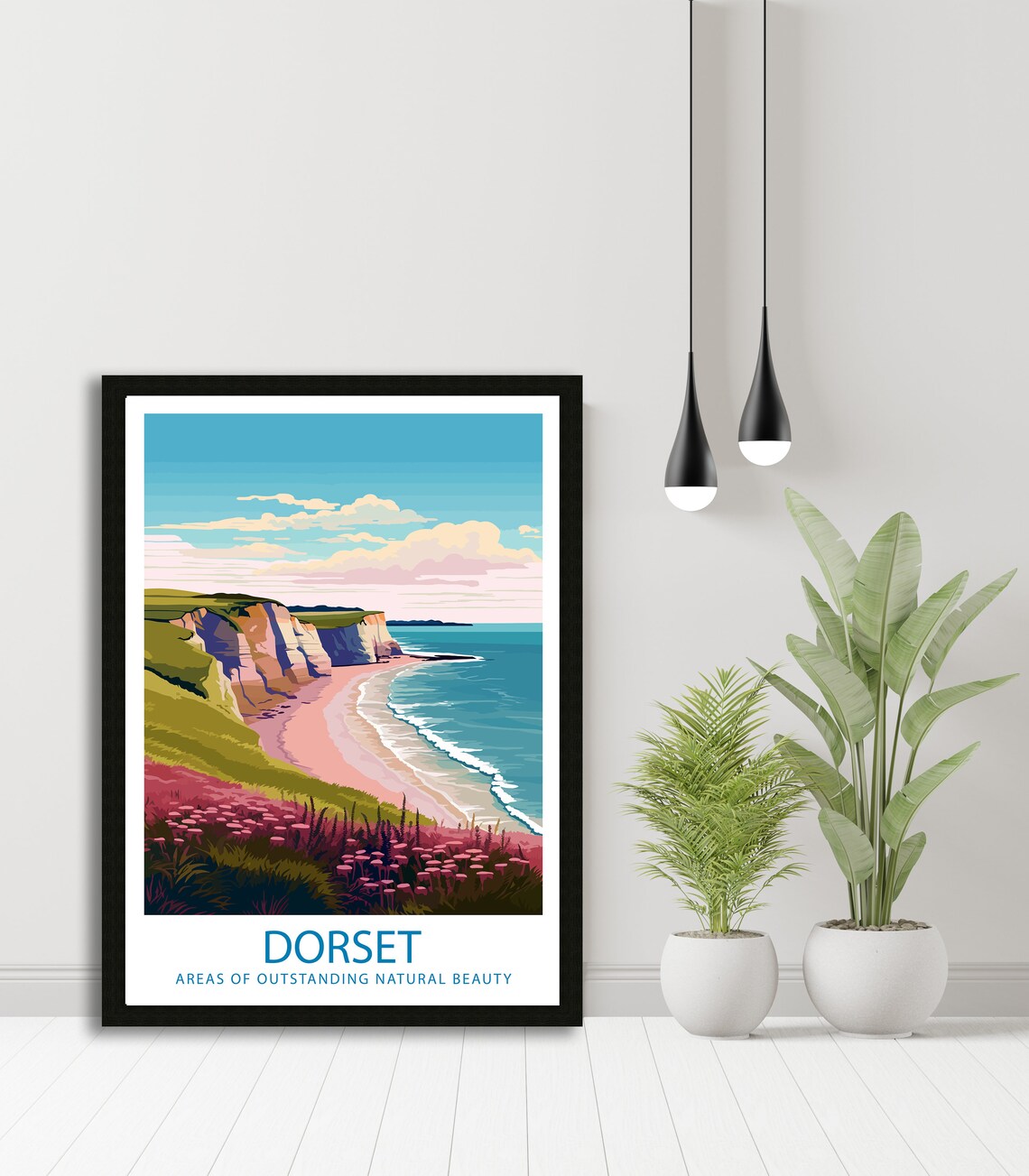 Dorset Chalk Cliffs Sandy Cove Pink Wildflower Coast Scene Poster - Image 4