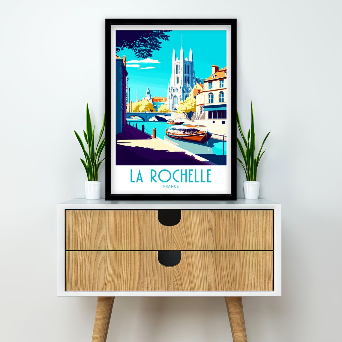 La Rochelle France Harbour Cathedral Bridge Boats Retro Art Poster - Image 3