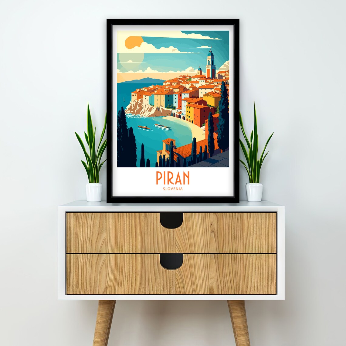 Piran Slovenia Adriatic Old Town Seaside Belfry Colorful Art Poster - Image 3
