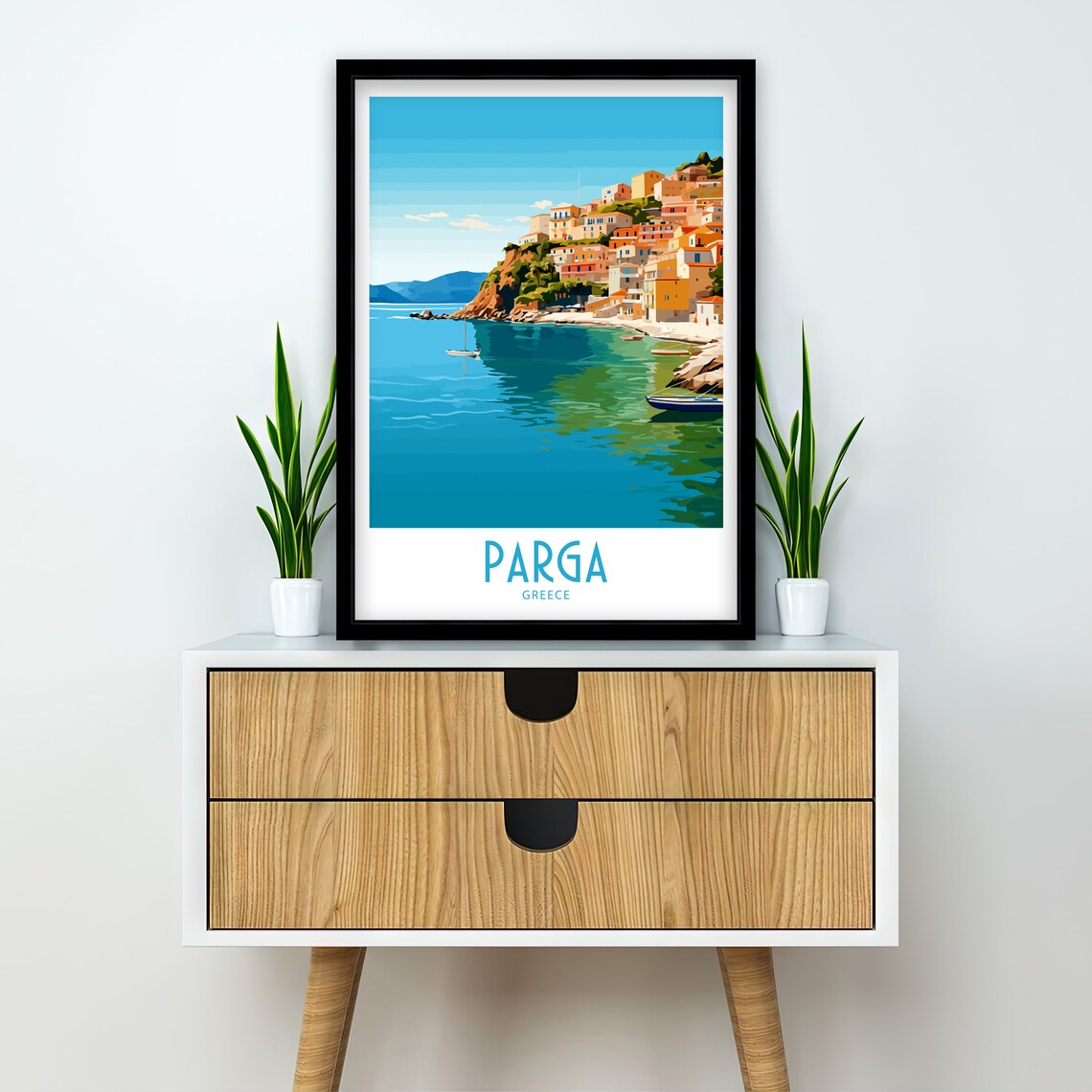 Parga Greece Cliffside Town Turquoise Bay Sailboats Travel Art Poster - Image 2