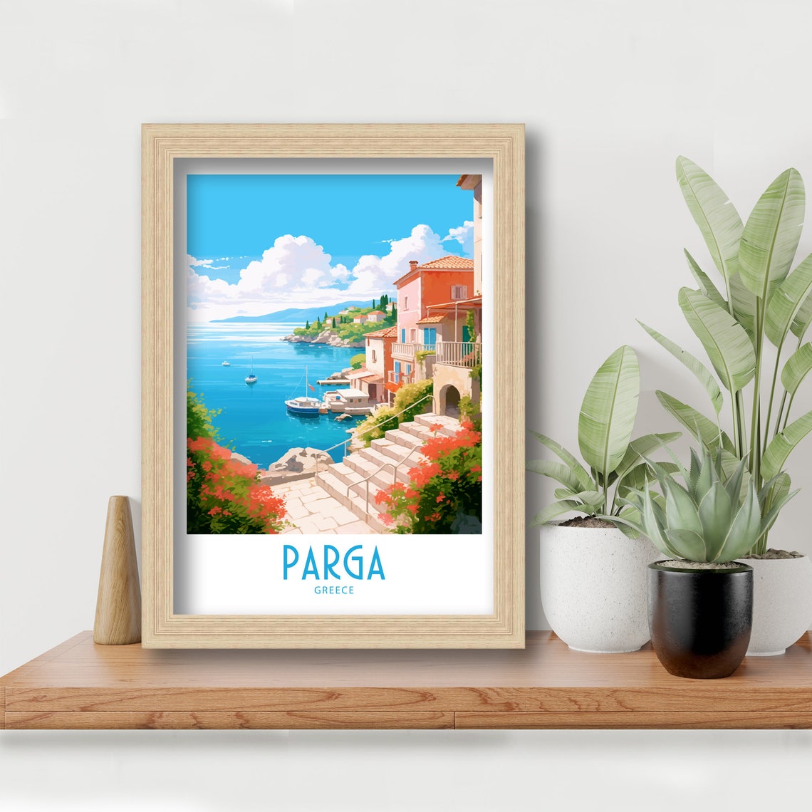 Parga Greece Harbor Steps Red Flowers Pastel Houses Travel Art Poster - Image 6
