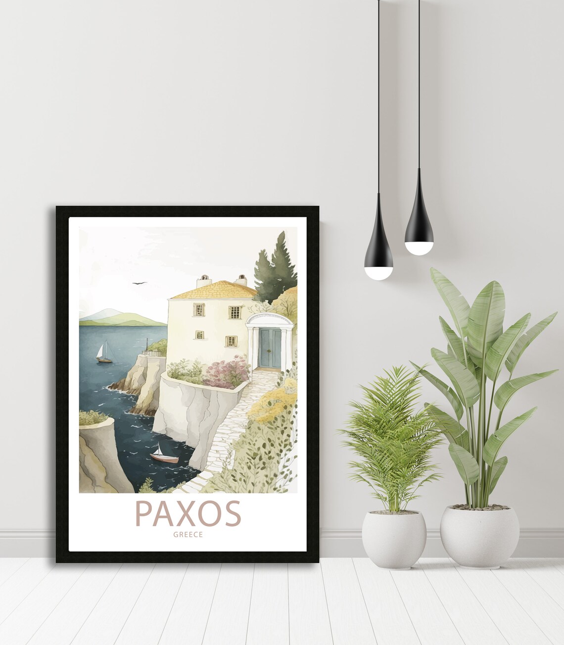 Paxos Greece Watercolor Cliffside Villa Sea View Sailboats Art Poster - Image 5