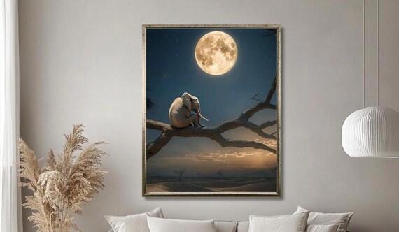 Baby Elephant On Branch Under Full Moon Starry Night Sky Poster