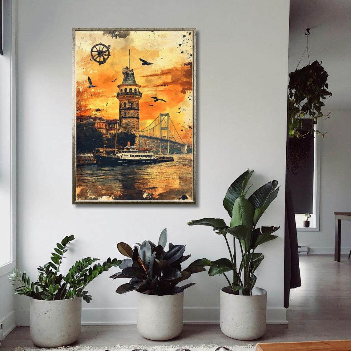 Istanbul Maidens Tower Sunset Watercolor Bosphorus Bridge Art Poster - Image 2
