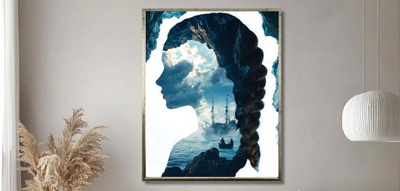 Surreal Double Exposure Art Woman Silhouette With Ocean Ship And Cave Scene Dreamy Nautical Wall Decor For Modern Interiors