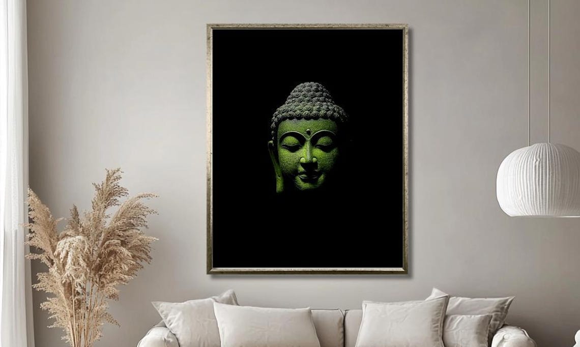 Green Buddha Head Sculpture On Black Dramatic Zen Art Poster