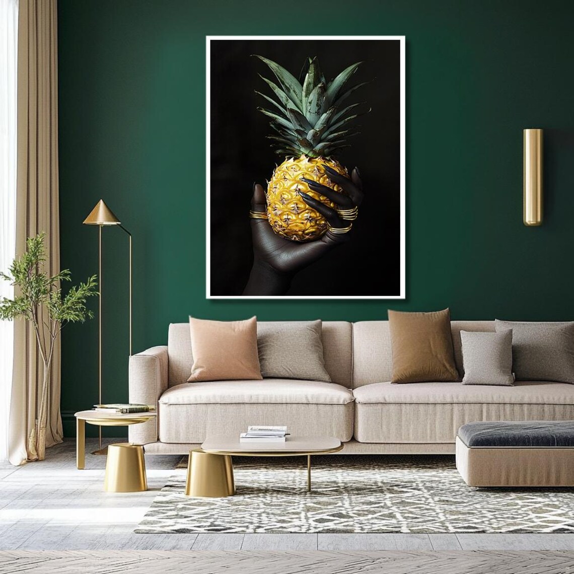 Modern Black And Gold Pineapple Art Print Luxury Hand Holding Pineapple Wall Decor Dark Minimalist Wall Art For Living Room - Image 2