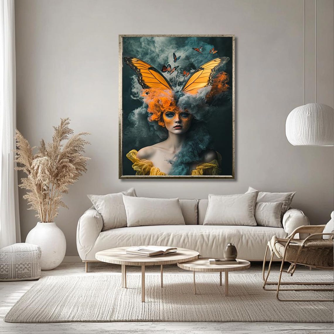 Surreal Butterfly Woman Art Whimsical Fantasy Portrait With Vibrant Wings And Smoky Atmosphere Unique Wall Decor For Artistic - Image 3