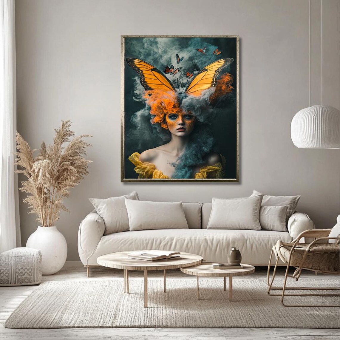 Surreal Butterfly Woman Monarch Wings Smoky Blue Fantasy Print - Image 3