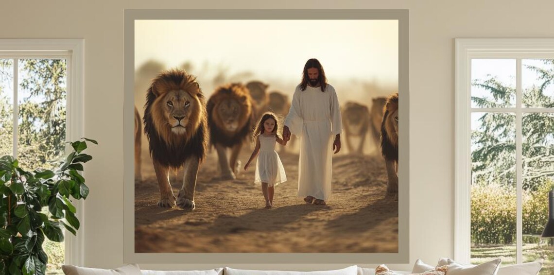 Jesus Walking with Little Girl Among Lions Golden Light Art Poster