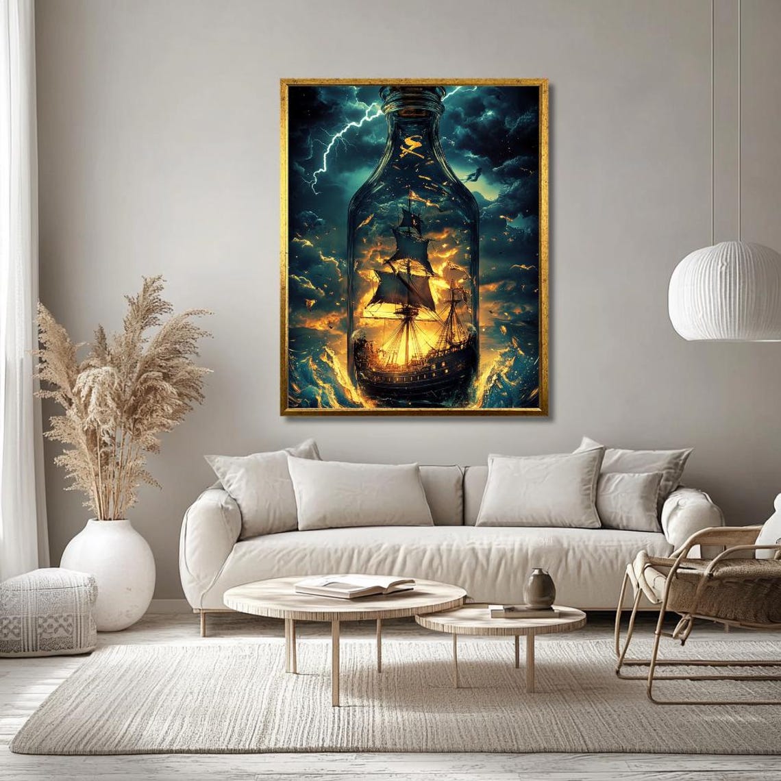 Stormy Ship In A Bottle Wall Art Surreal Sailing Ship Amidst Lightning And Waves Dramatic Nautical Decor For Living Room - Image 3