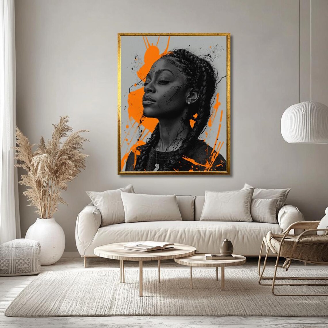 Black And Orange Braided Woman Paint Splatter Portrait Poster - Image 3