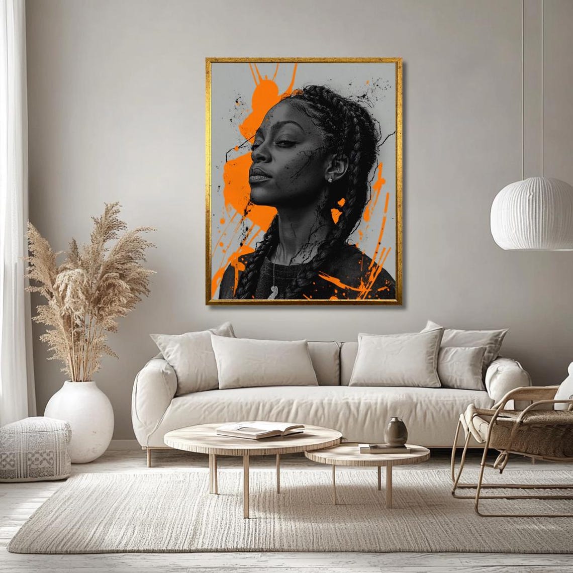 Modern Black And Orange Portrait Wall Art Bold Afrocentric Woman Illustration With Orange Paint Splatter Effect Contemporary Home - Image 3