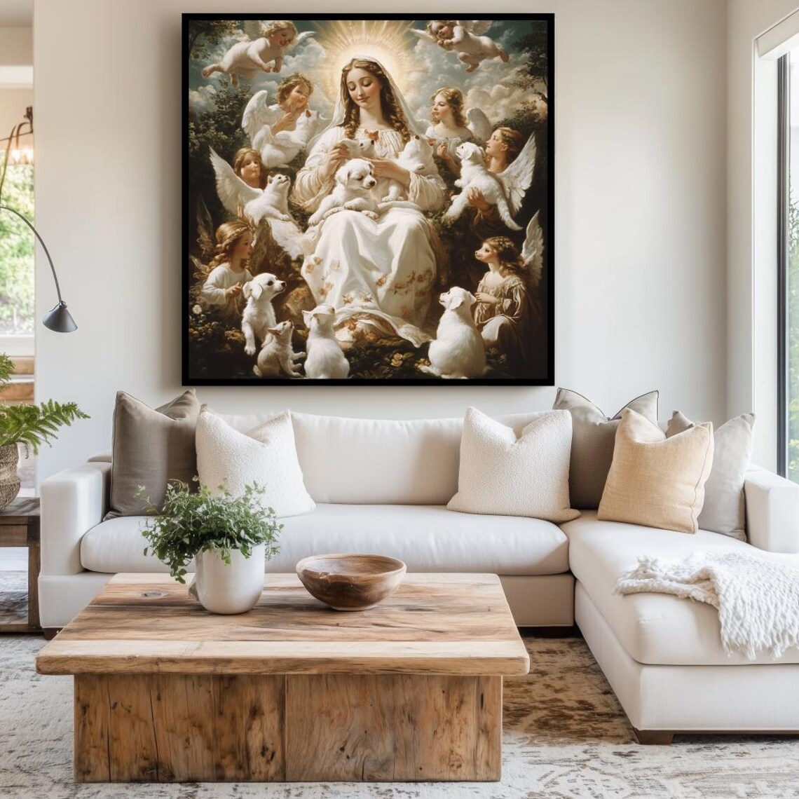 Virgin Mary With Angels and White Lambs Heavenly Glow Poster - Image 2