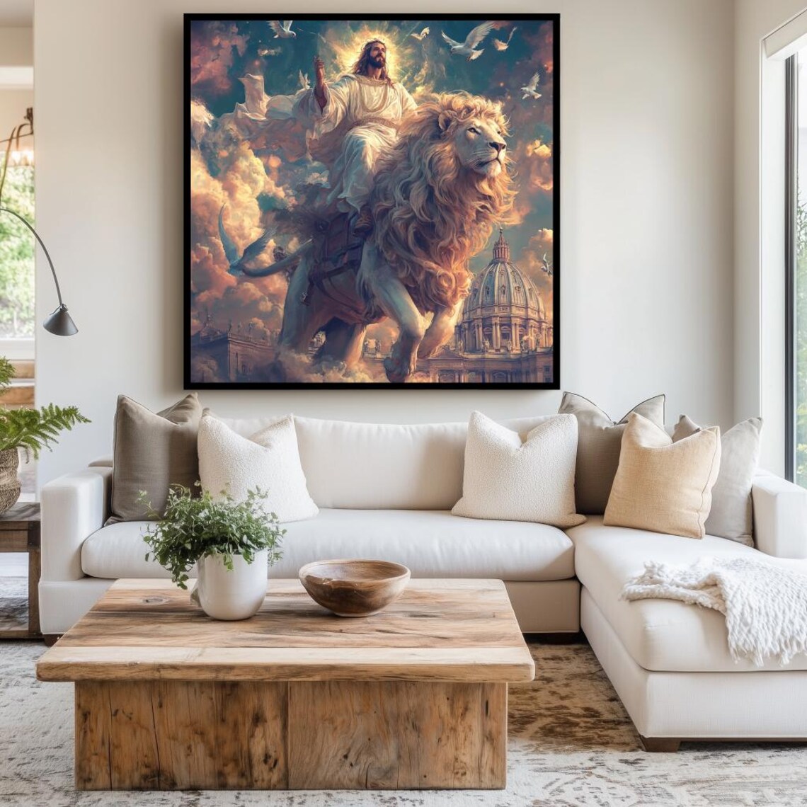 Jesus Riding A Majestic Lion Through Clouds Above St Peters Dome Poster - Image 3