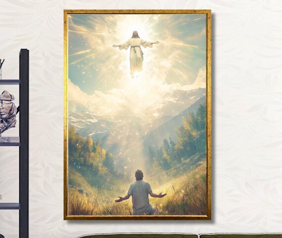Jesus Ascending in Heavenly Light Over Mountain Valley Art Poster