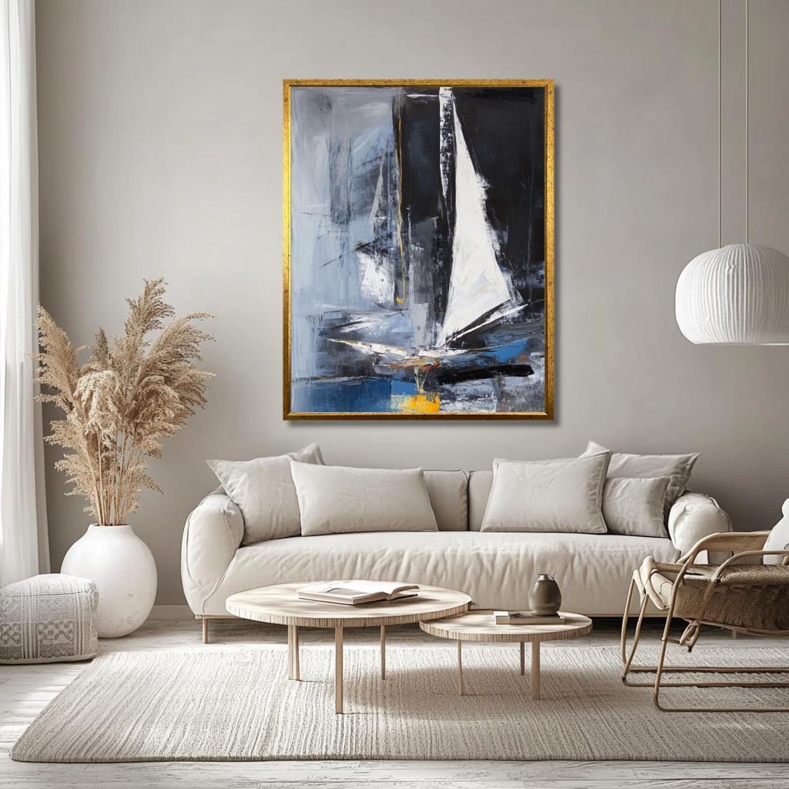 Abstract Sailboat Wall Art Modern Nautical Painting In Blue White And Gray Contemporary Sailboat Decor For Living Room - Image 3