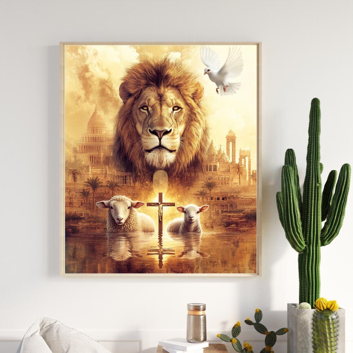 Lion of Judah with Lambs Cross and Dove Over Water Art Poster - Image 2