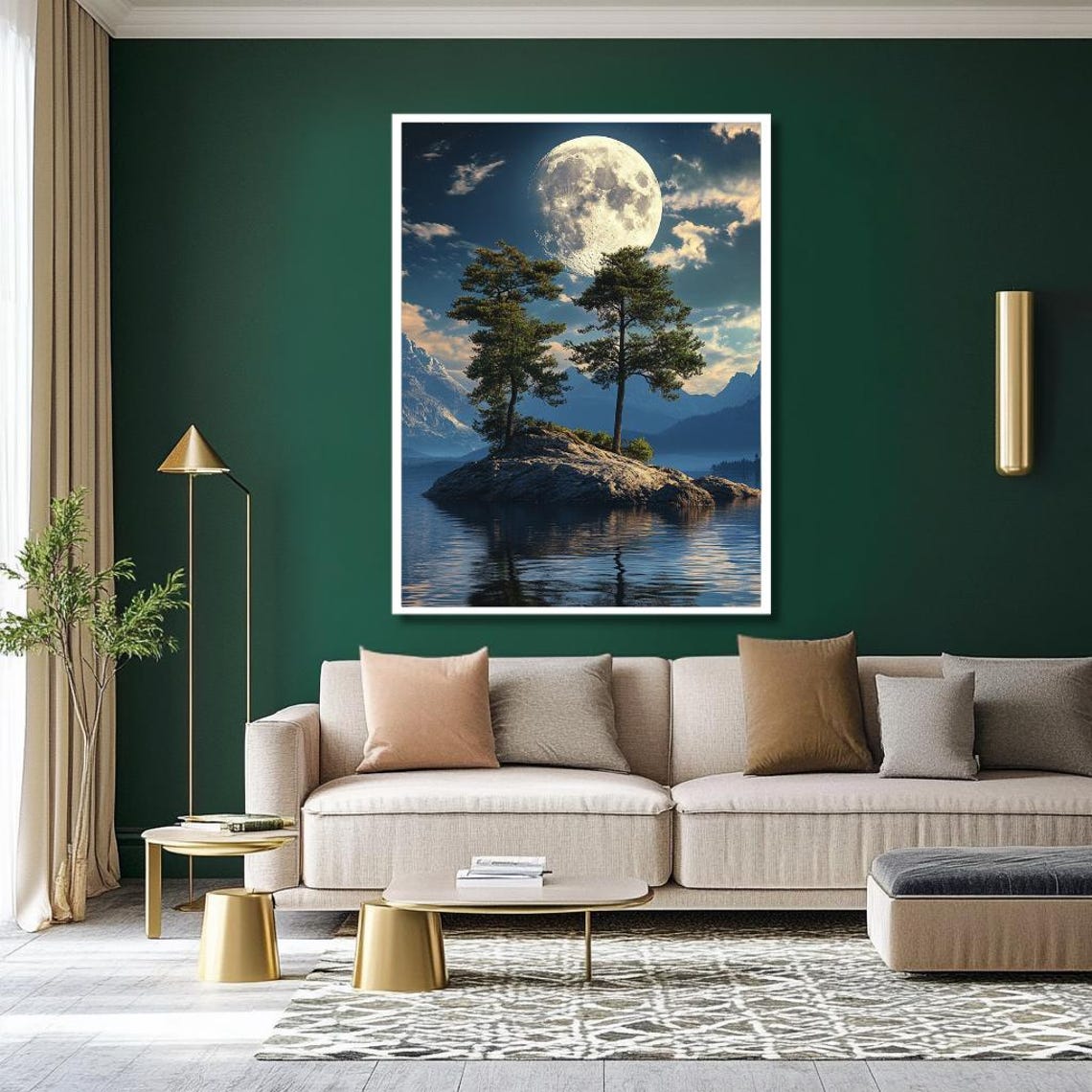 Bright Full Moon Over A Mountain Lake With A Small Pine Island Poster - Image 2