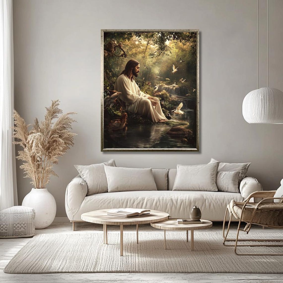 Jesus Resting by a Forest River in Golden Light Nature Poster - Image 3