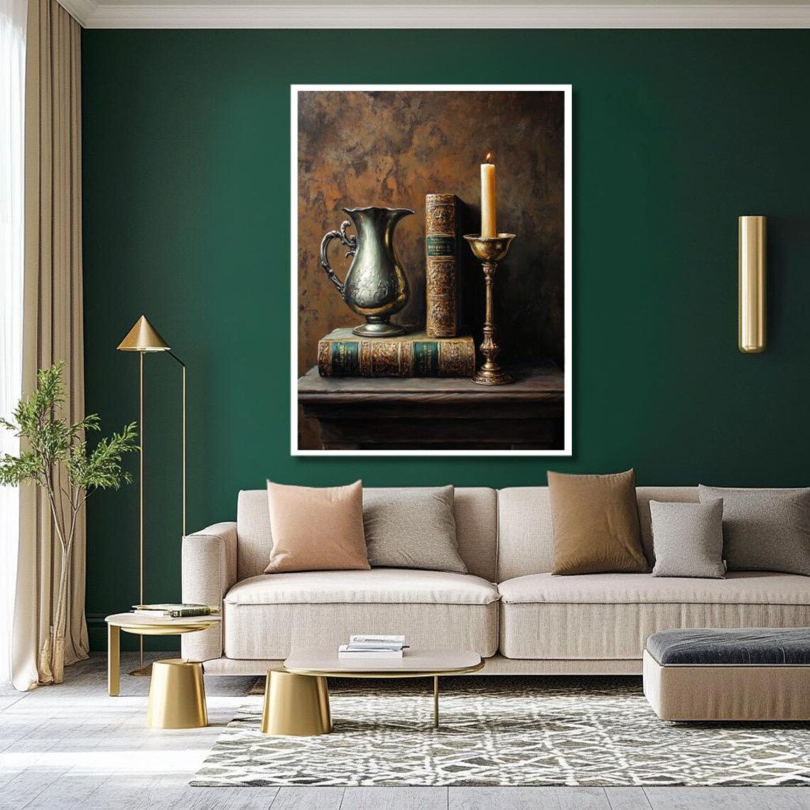 Vintage Still Life of Antique Books Silver Pitcher and Candle Poster - Image 2